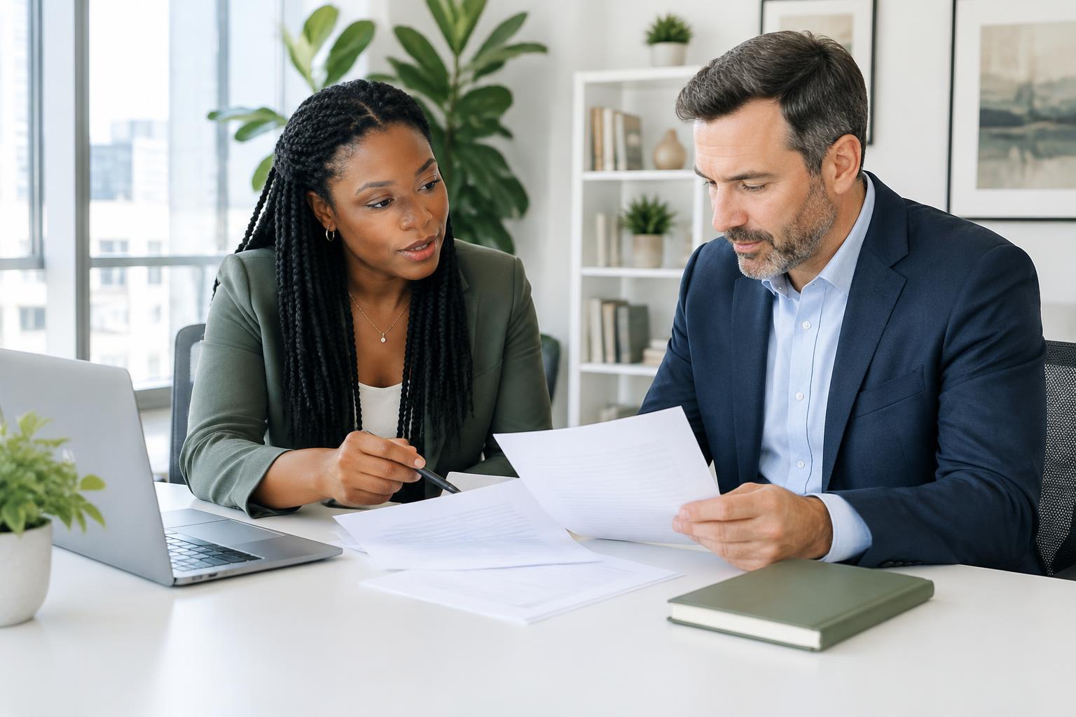 Career advisor and professional reviewing resume pages together
